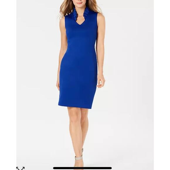 Calvin Klein Dress- size 4-Royal Blue‎ Scuba Ruffled Neckline Dress Formal Guest - Picture 1 of 6
